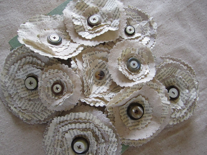 Linen and book page flowers