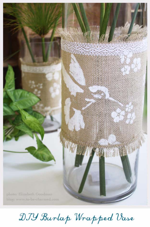 Lace and stencil burlap vase wrap