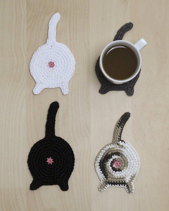 Crochet cat butt coasters