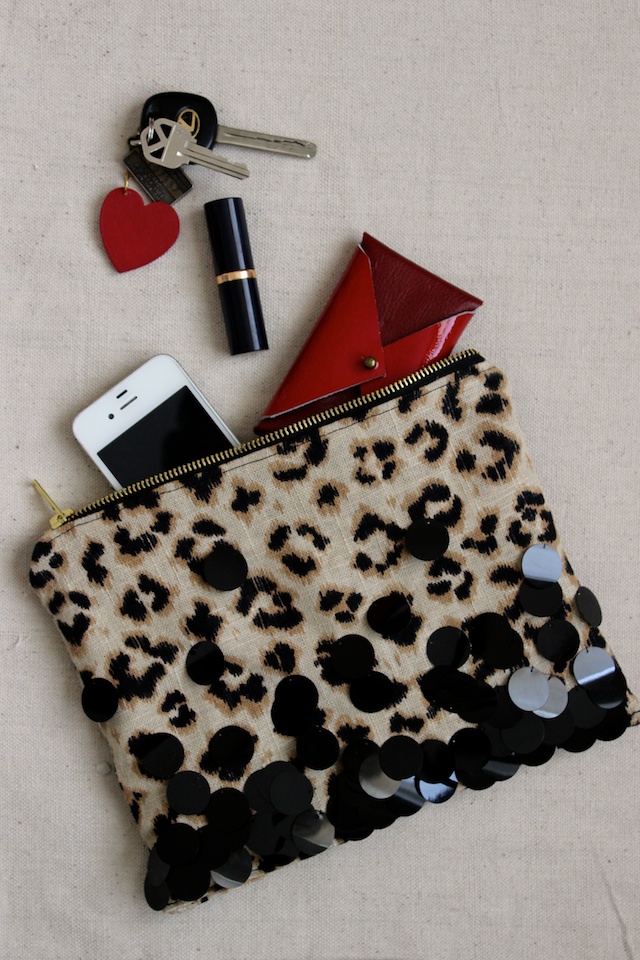Leopard and sequin zippered clutch