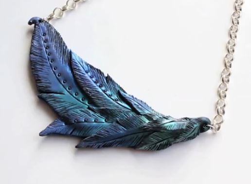 Polymer clay and mica powder faux feather necklace