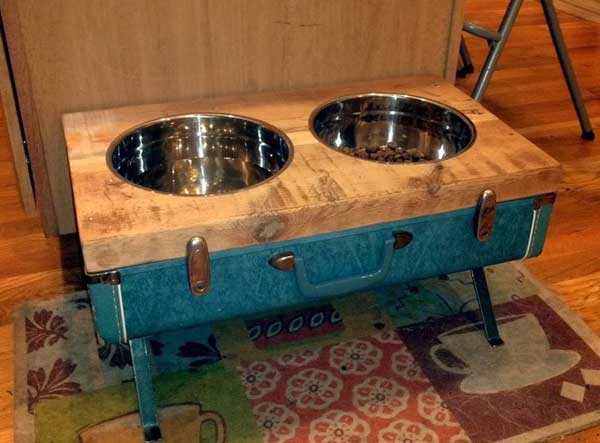 Vintage suitcase dog bowl stand