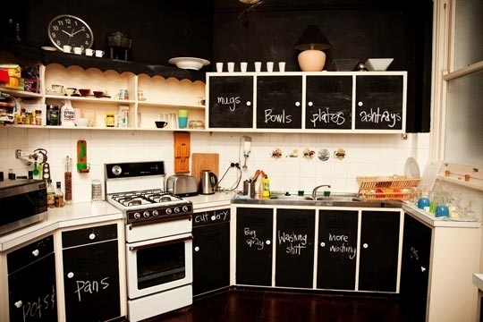 Chalk labelled kitchen cupboards