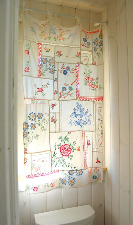 Embroidered linen patchwork curtains