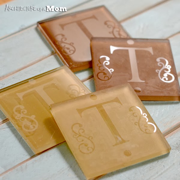 Etched monogrammed glass tile coasters