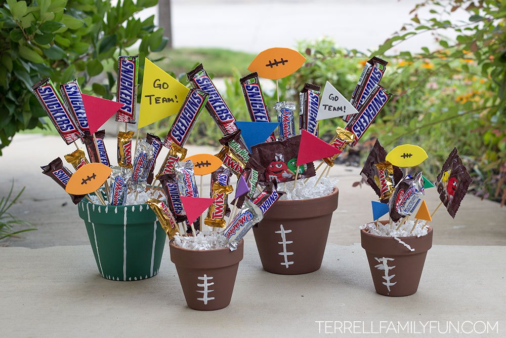 Football candy bar bouquet 15 Creative Candy Bouquets That Will Make Your Mouth Water