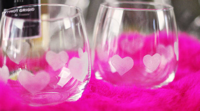 Heart etched valentine's glasses