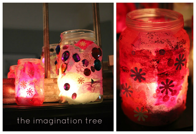 Jam jar and tissue paper luminaries Fun Crafts Made From Tissue Paper