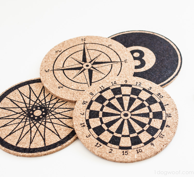 Stencilled cork compas coasters