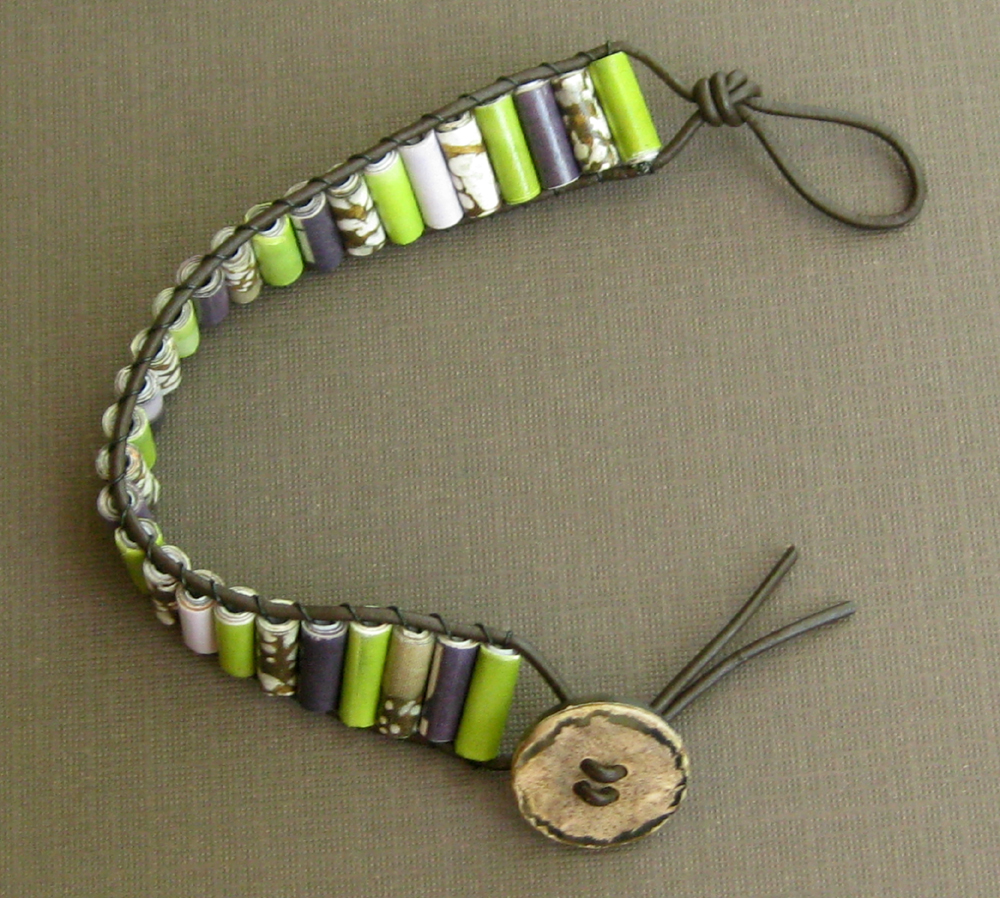 Paper bead leather and button bracelet