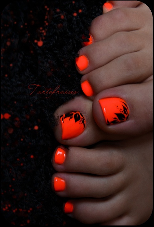 Orange floral toe nails