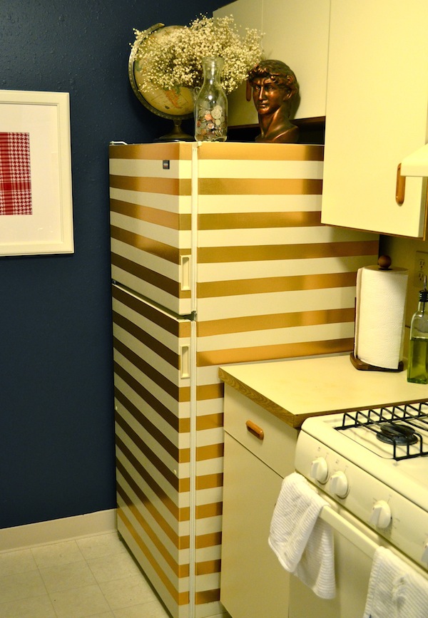 Diy gold stripe fridge made with duck tape