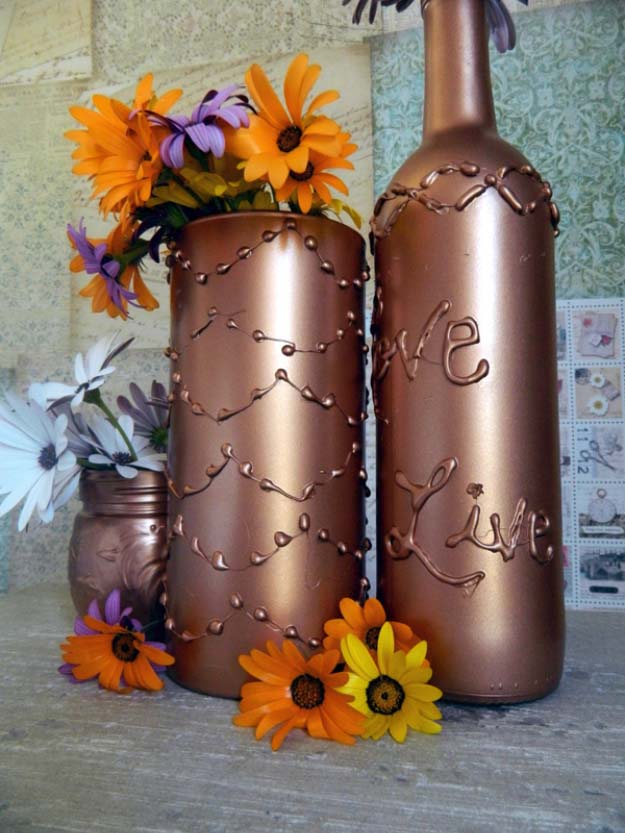 Patterned wine bottle vases Awesome Crafts Made Mostly of Glue