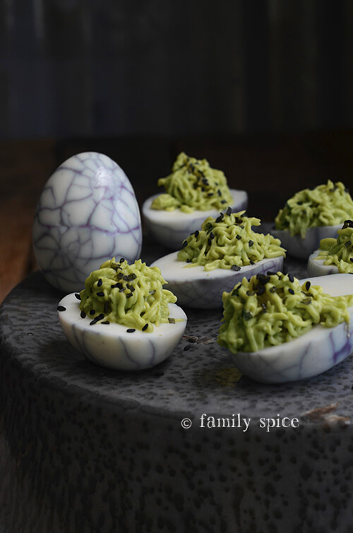 Avocado and wasabi devilved eggs