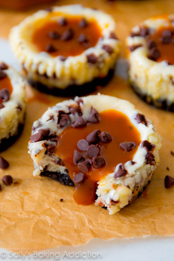 Salted caramel chocolate chip cheesecakes