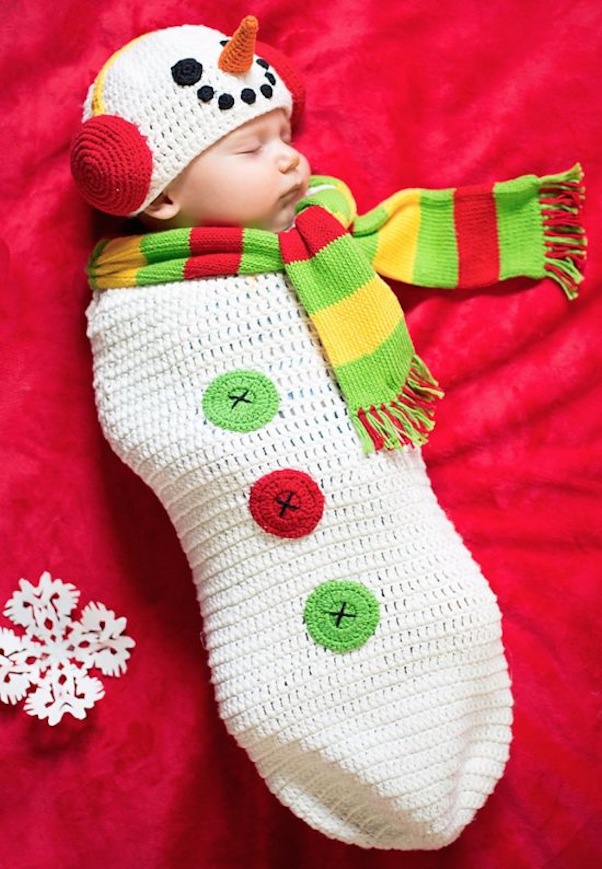 Snowman with a carrot and matching baby cocoon