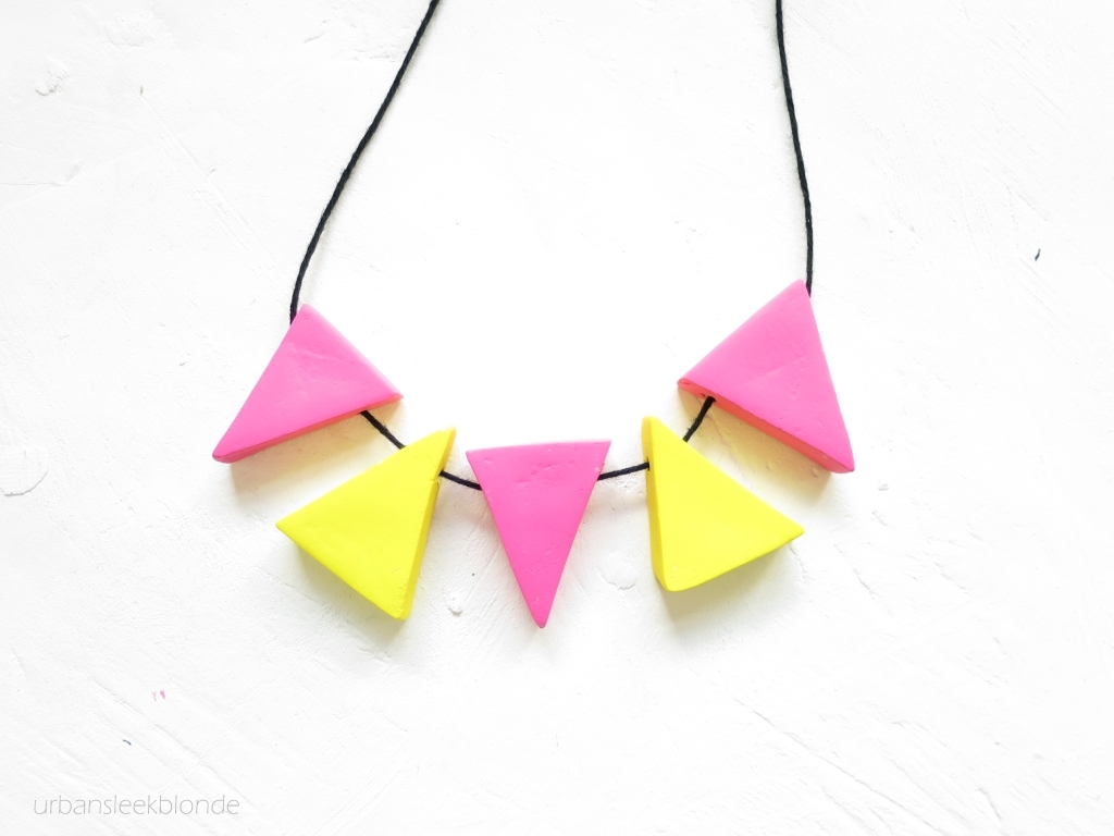 Diy pink and yellow triangle clay necklace