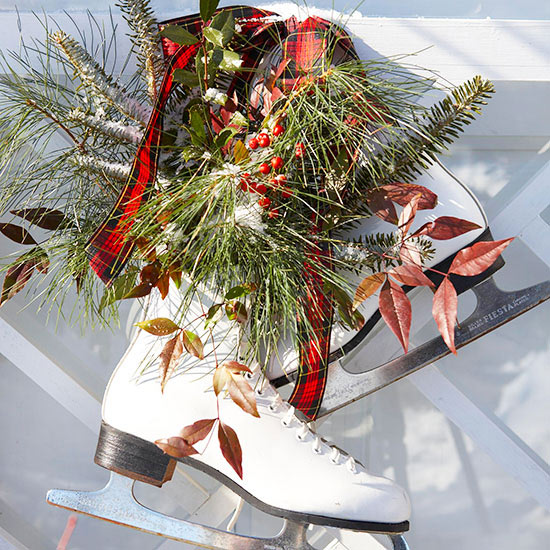diy decorated ice skates front porch decor 50 Front Porch Christmas Decor Ideas To Make This Year!