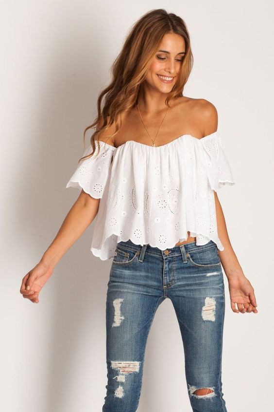 Off the shoulder blouse and jeans concert outfit