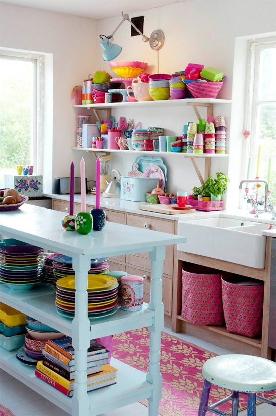 Colorful open shelving in kitchen