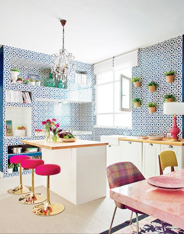 Patterned wall pink stools kitchen