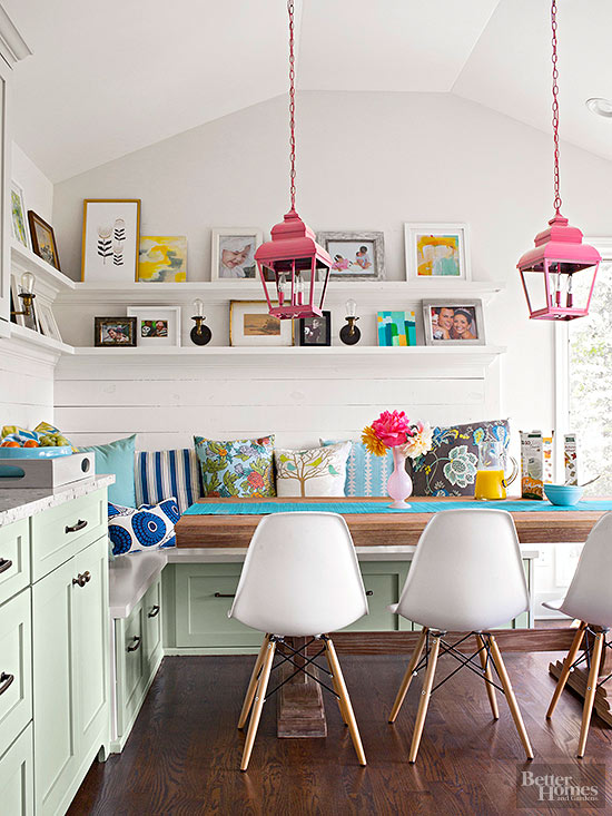 Pink mint green colorful kitchen