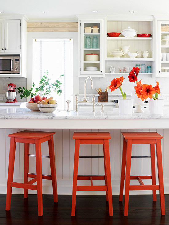Pops of red orange kitchen
