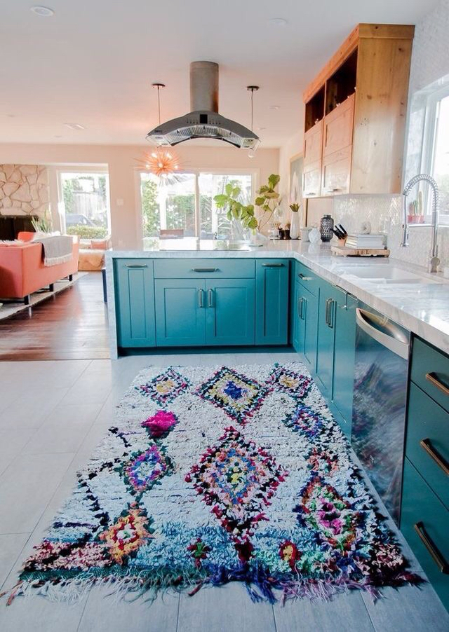 Turquoise and peach kitchen