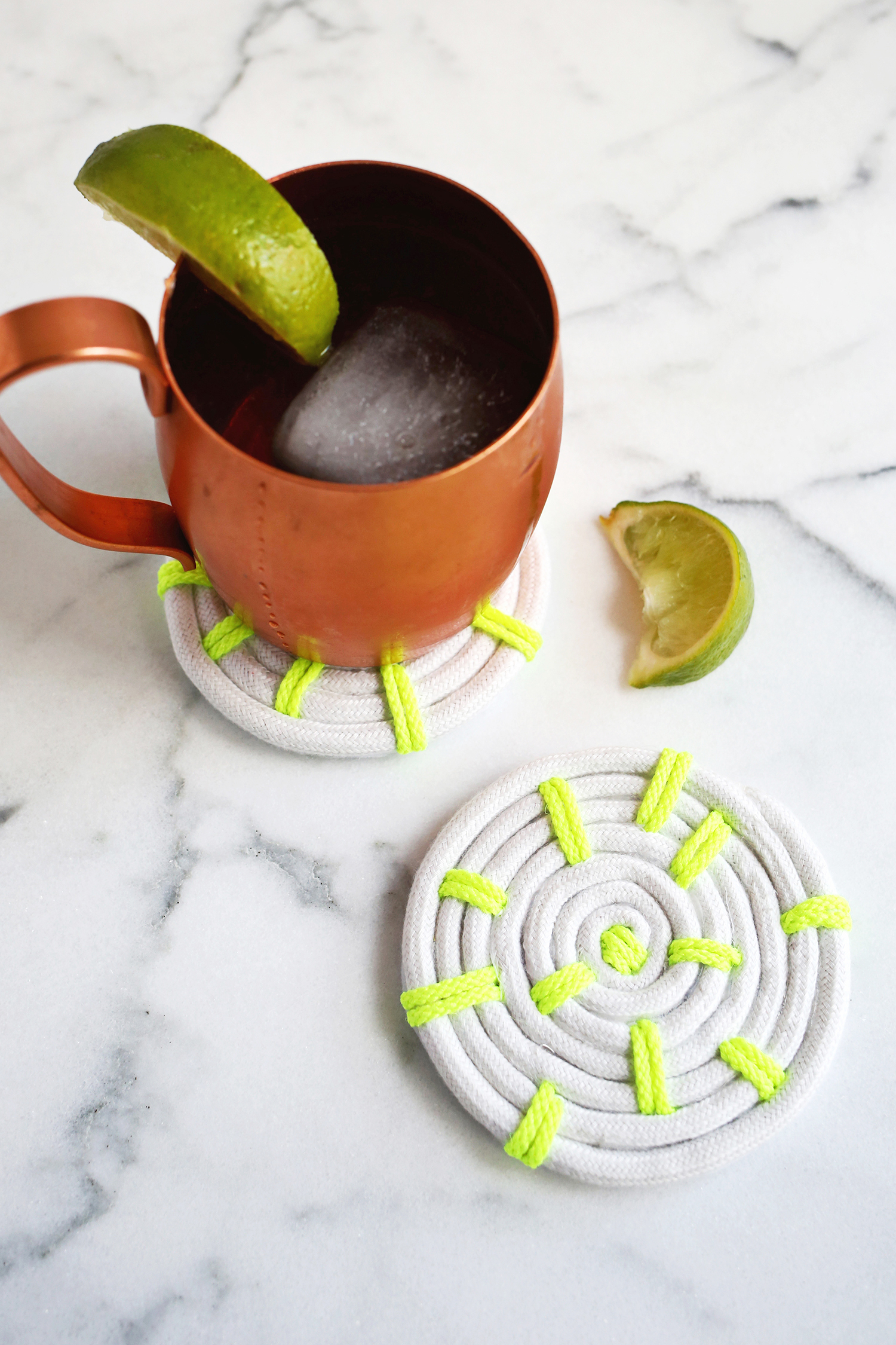 White and neon green rope coasters