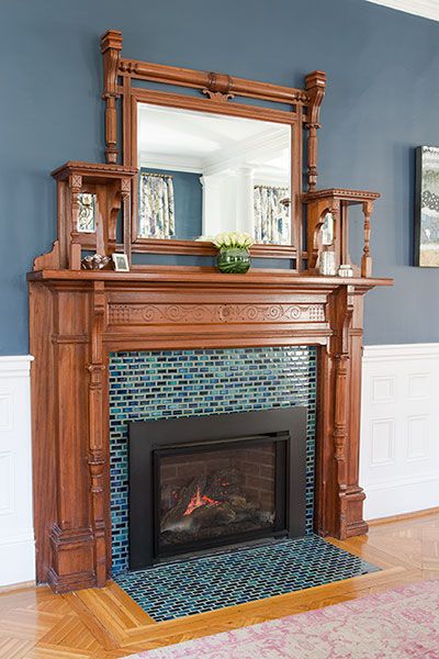 Blue tile design for fireplace makeover