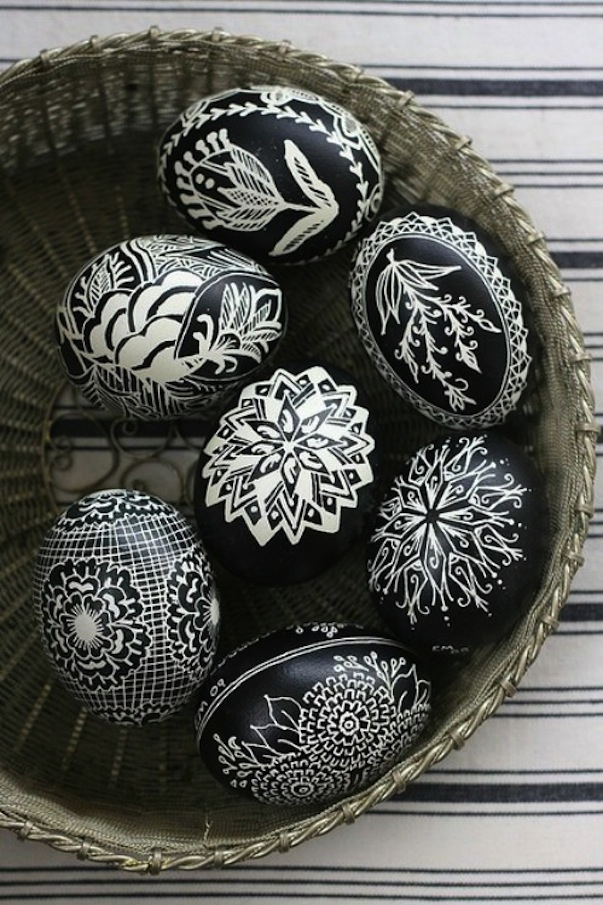 Intricate black and white eggs