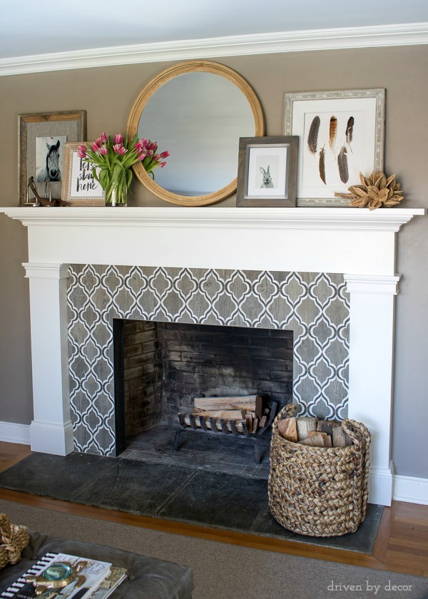 Our living room fireplace mantel decorated for spring