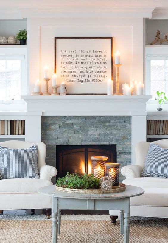 Simple quote over fireplace decor idea