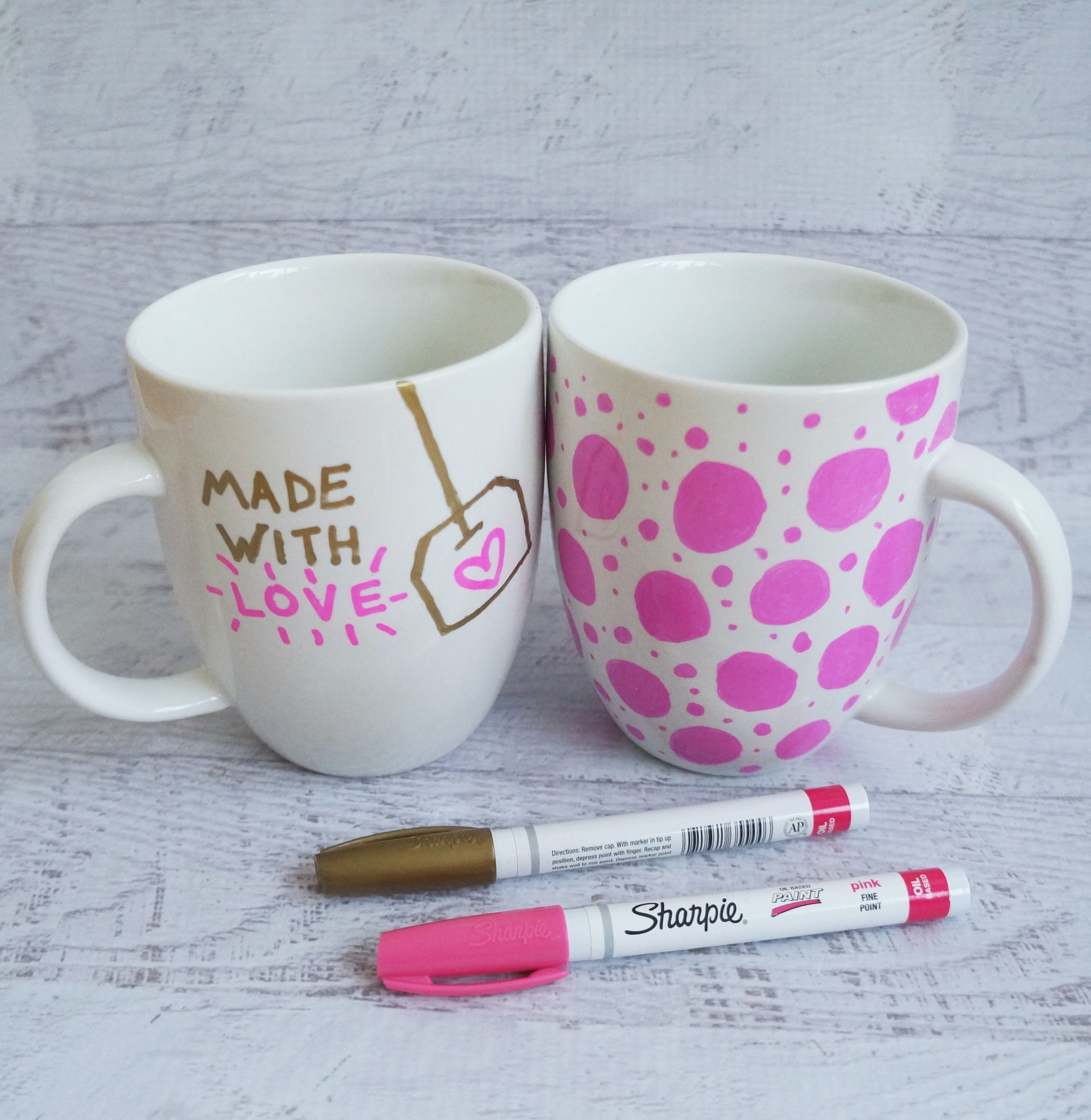Brightly coloured paint sharpie mugs