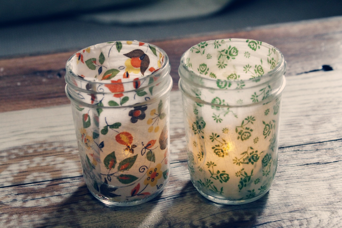 Fabric decoupage glass jar tea light holder