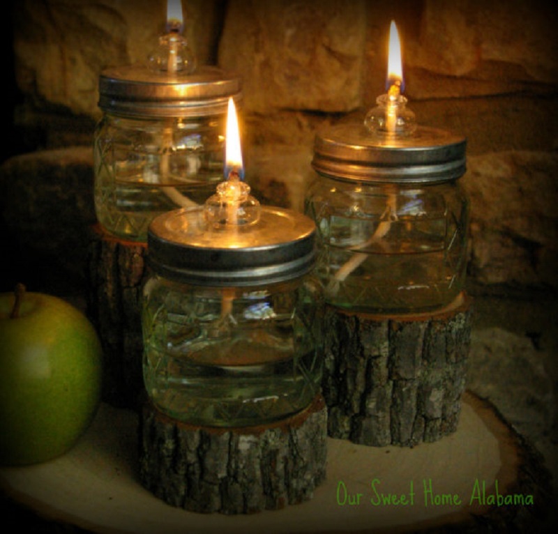 Mason jar tree trunk oil lamps