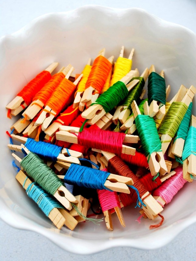 Clothespin embroidery floss storage