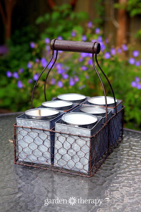 Diy citronella candles in antique milk crate