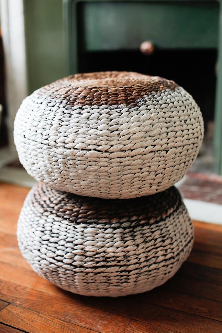 Painted wicker pouf stools