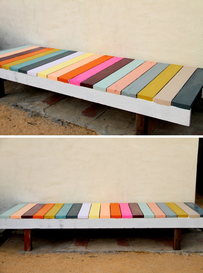 Painted colour blocked garden bench