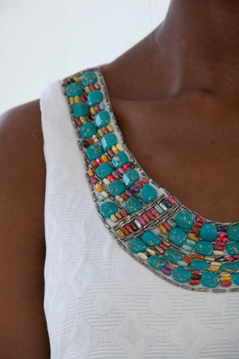 Turquoise and wooden bead tank top