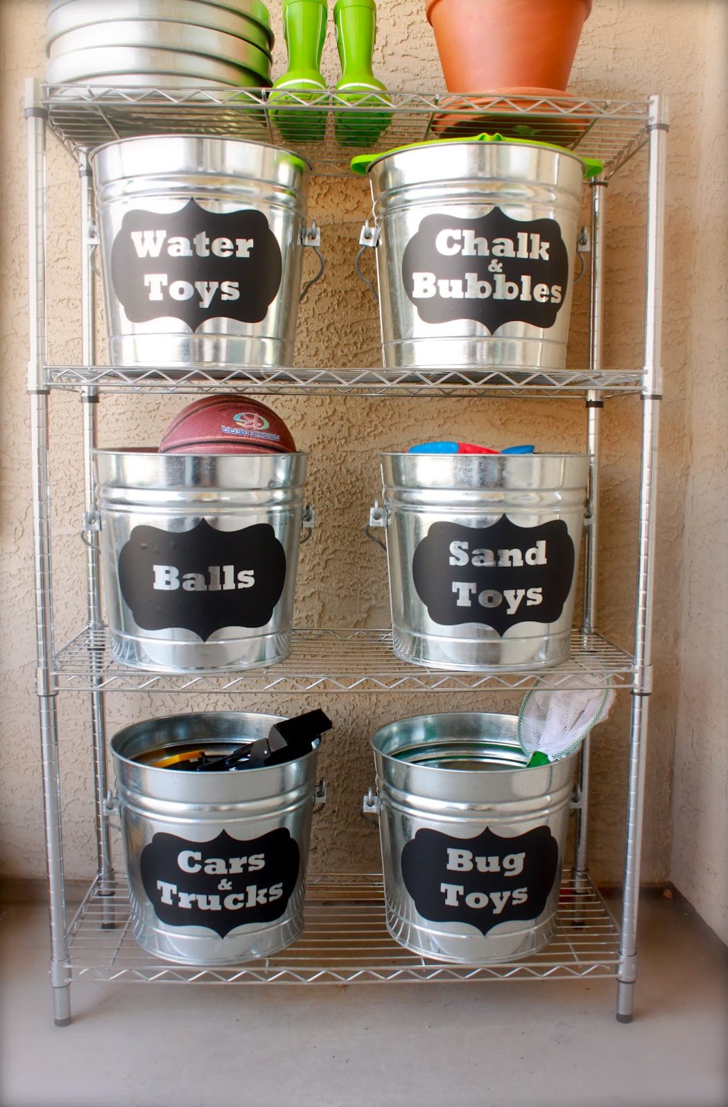 Buckets for toys garage organization