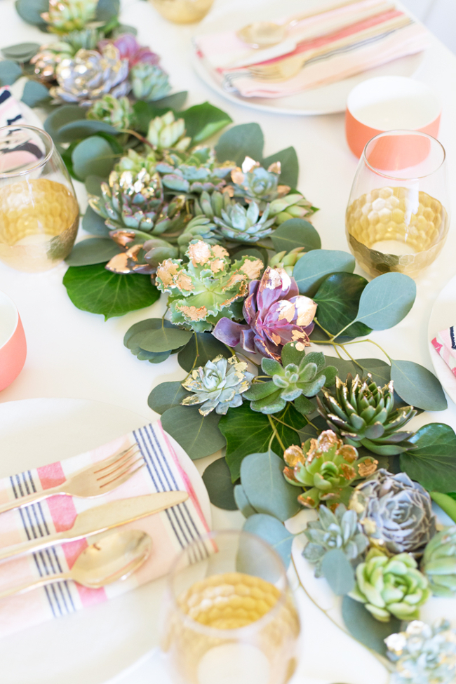 Gold tipped succulent table runner