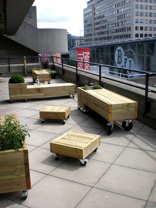 Pallet patio tables and planters on wheels