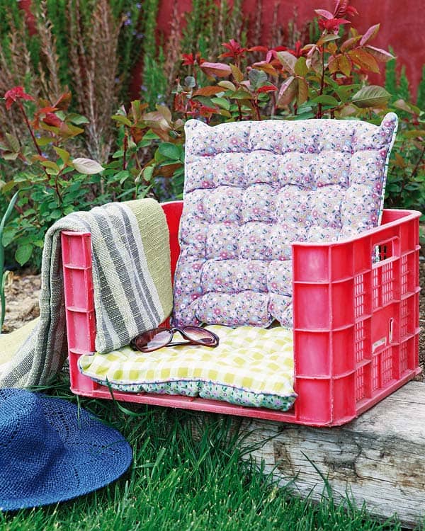 Plastic crate and cushion log chair
