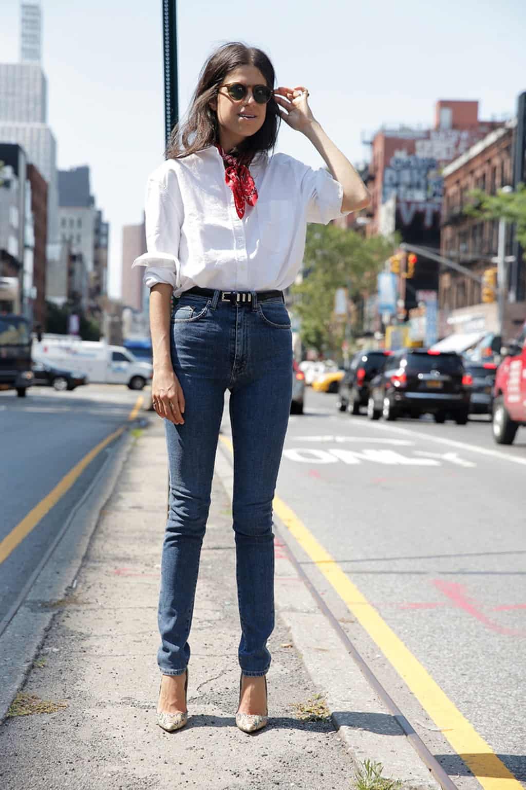 High waisted jeans with button up blouse concert outfit idea