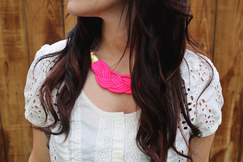 T-shirt yarn necklace crochet necklace geometric bead necklace Neon pink and white fabric necklace
