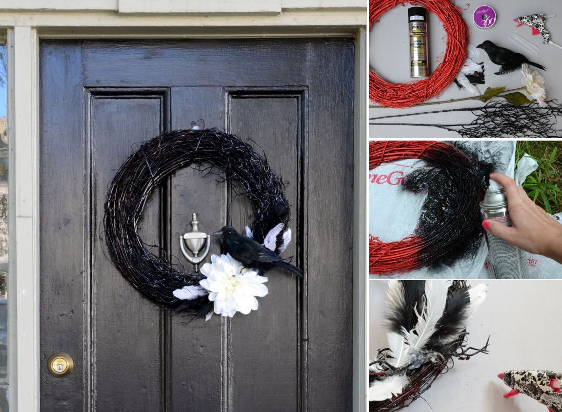Black front door with a black wreath for Halloween