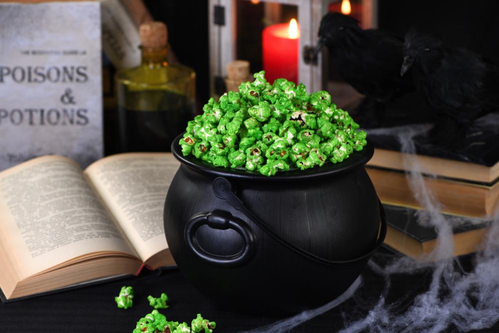Cauldron with zombie boogers popcorn