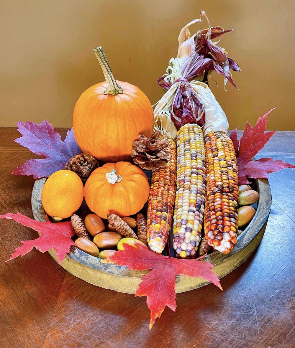 Gourds, Corn, and Pinecones - Cheap Thanksgiving Table Decor